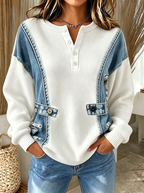 Chic Casual 3d Denim-print Knit Sweater