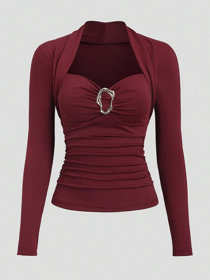 Stylish Casual Burgundy Long-sleeve Knit Top With Heart-shaped Neckline