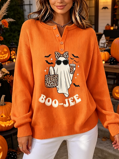 Chic Orange Ghost Graphic Button-up Knit Sweater.