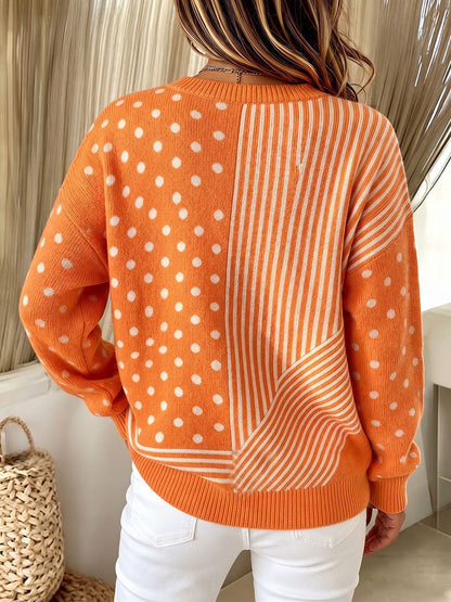Chic Vibrant Orange Mixed-pattern Knit Sweater