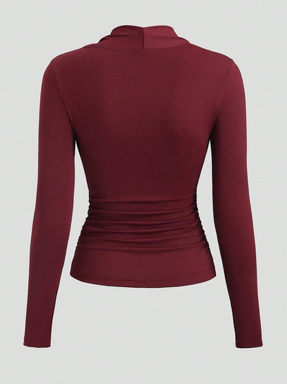 Stylish Casual Burgundy Long-sleeve Knit Top With Heart-shaped Neckline